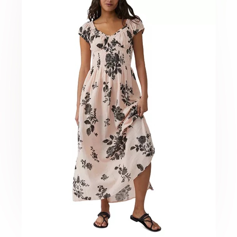 Free People Pink and Black Floral Midi Dress